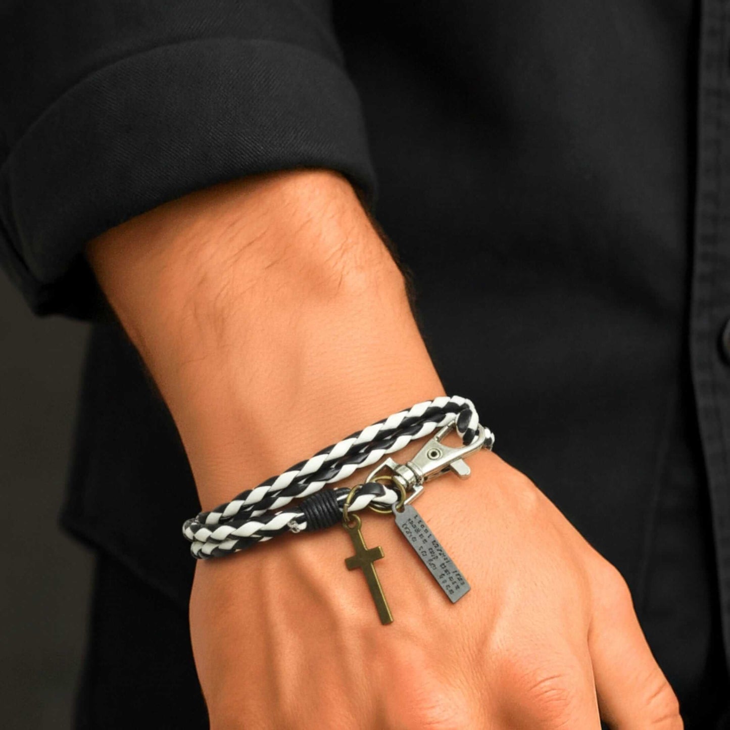 CROSSLOOM - White and Black 10mm Genuine Leather Bracelet with Stainless Steel Lobster Clasp for Men & Boys (15 inch) — Leather Bracelet for Men | THE MEN THING