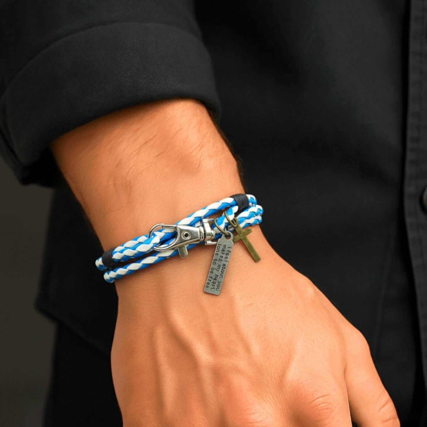 CROSSLOOM - White and Blue 10mm Genuine Leather Bracelet with Stainless Steel Lobster Clasp for Men & Boys (15 inch) — Leather Bracelet for Men | THE MEN THING