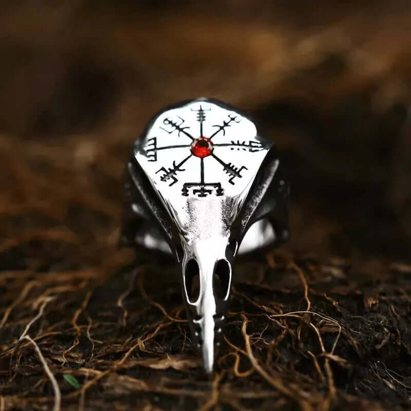 CROW SKULL VIKING - Titanium Steel Ring with Red Stone - Size 17-21- 24) - THE MEN THING