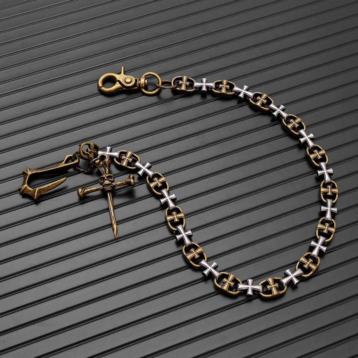 CRUCIX LINK - Antique Gold Pendant 13mm Titanium Steel Skull Heavy Biker Chain for Jeans with Lobster Clasps for Men & Boys - 20 inch — Biker Fashion for Men | THE MEN THING