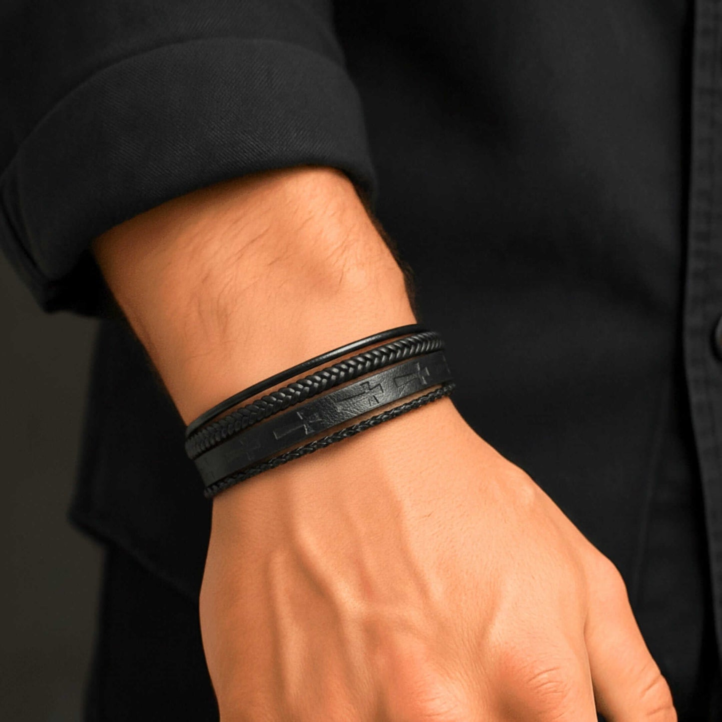 CRUSADER LEGION BLACK - 23mm Genuine Leather Bracelet with Stainless Steel Magnetic Black Buckle for Men & Boys (8.5 inch) — Leather Bracelet for Men | THE MEN THING
