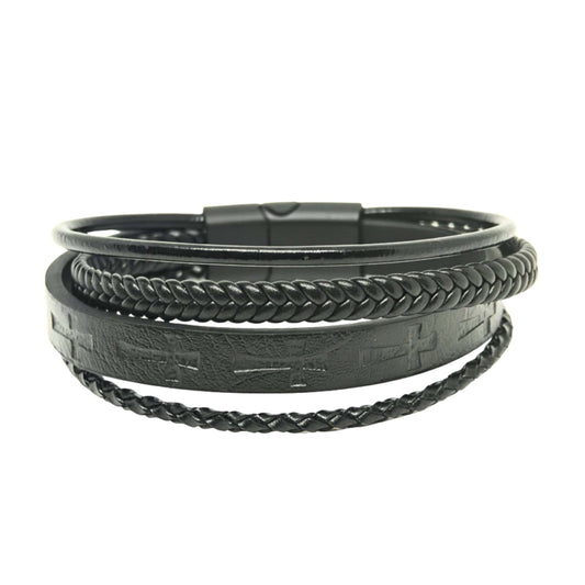 CRUSADER LEGION BLACK - 23mm Genuine Leather Bracelet with Stainless Steel Magnetic Black Buckle for Men & Boys (8.5 inch) - THE MEN THING