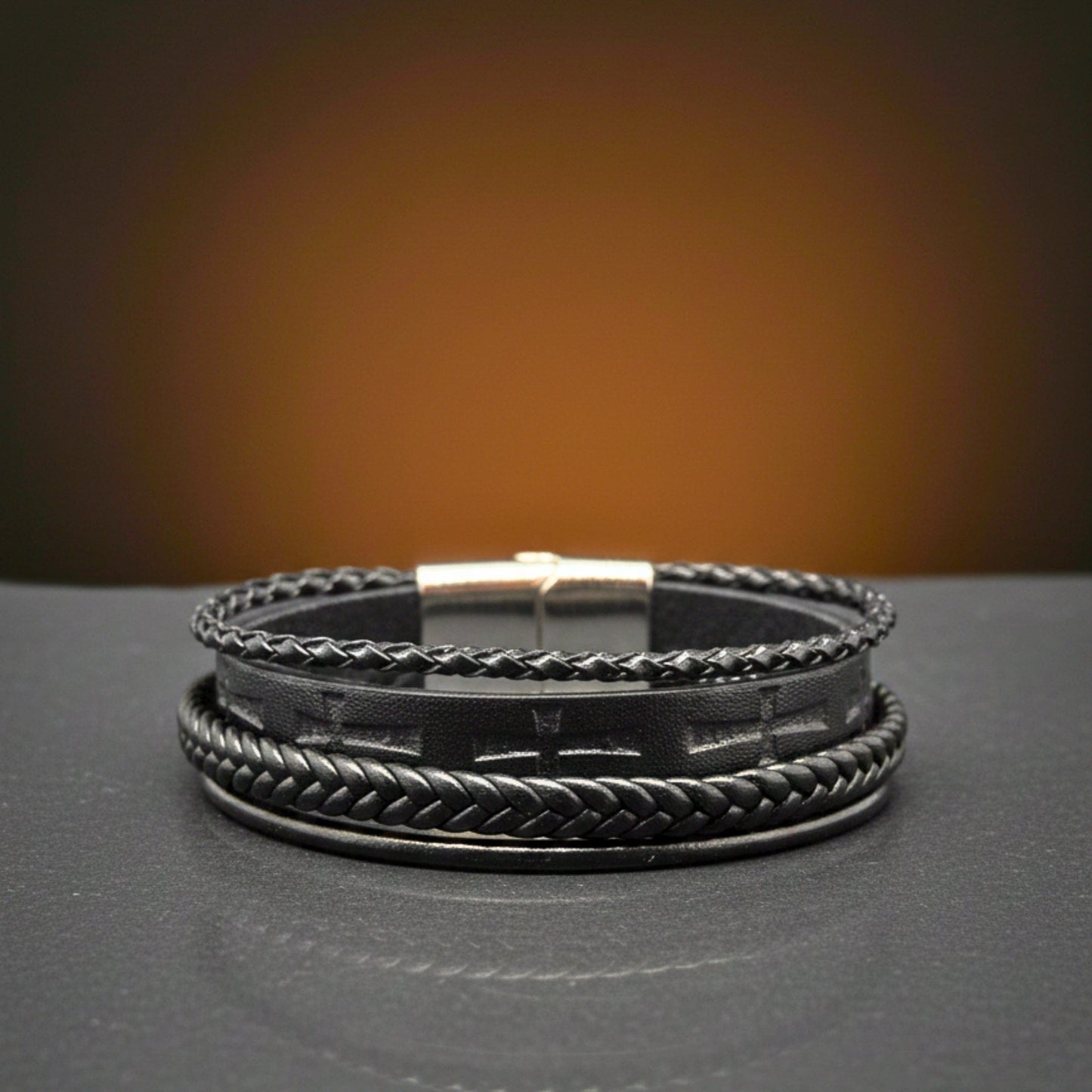 CRUSADER LEGION BLACK - 23mm Genuine Leather Bracelet with Stainless Steel Magnetic Silver Buckle for Men & Boys (8.5 inch) - THE MEN THING
