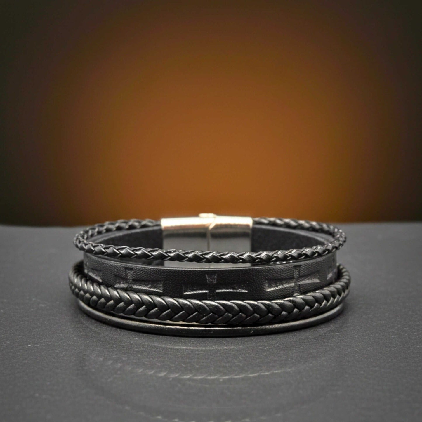 CRUSADER LEGION BLACK - 23mm Genuine Leather Bracelet with Stainless Steel Magnetic Silver Buckle for Men & Boys (8.5 inch) — Leather Bracelet for Men | THE MEN THING