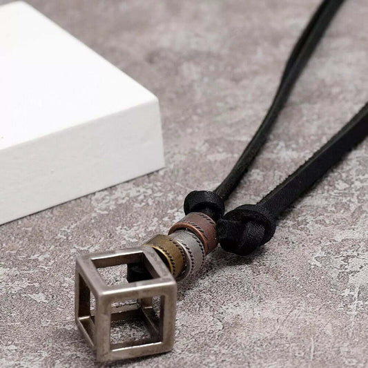 CUBICANO BLACK - Vintage Alloy Cubical Pendant with Adjustable Pure Black Leather Cord Necklace for Men & Boys - THE MEN THING