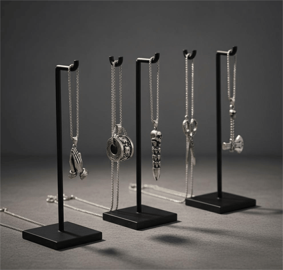 CURSED CHRONICLES High Contrast 5-Piece Men’s Pendant Set – BULLET OF DOOM, SCISSORS FLAME, CURVED AXE, MANTRA ROUND, & APPLAUD Necklaces on 24 Inch Stainless Steel Chain for Mens and Boys — Necklace for Men | THE MEN THING