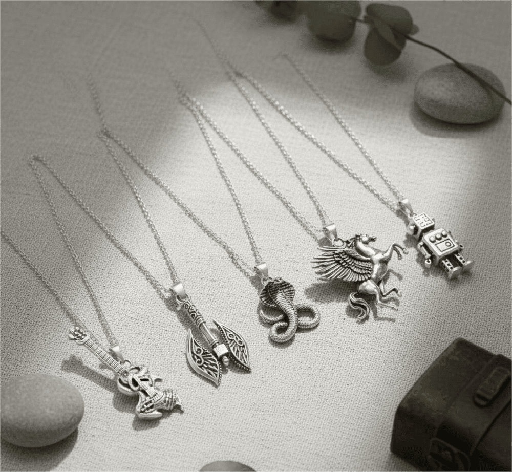 CYBER-MYTHOS High Contrast 5-Piece Men’s Pendant Set – PEGASUS, ROBOT, REALM AXE, THE COBRA, & ROCKER Necklaces on 24 Inch Stainless Steel Chain for Mens and Boys — Necklace for Men | THE MEN THING