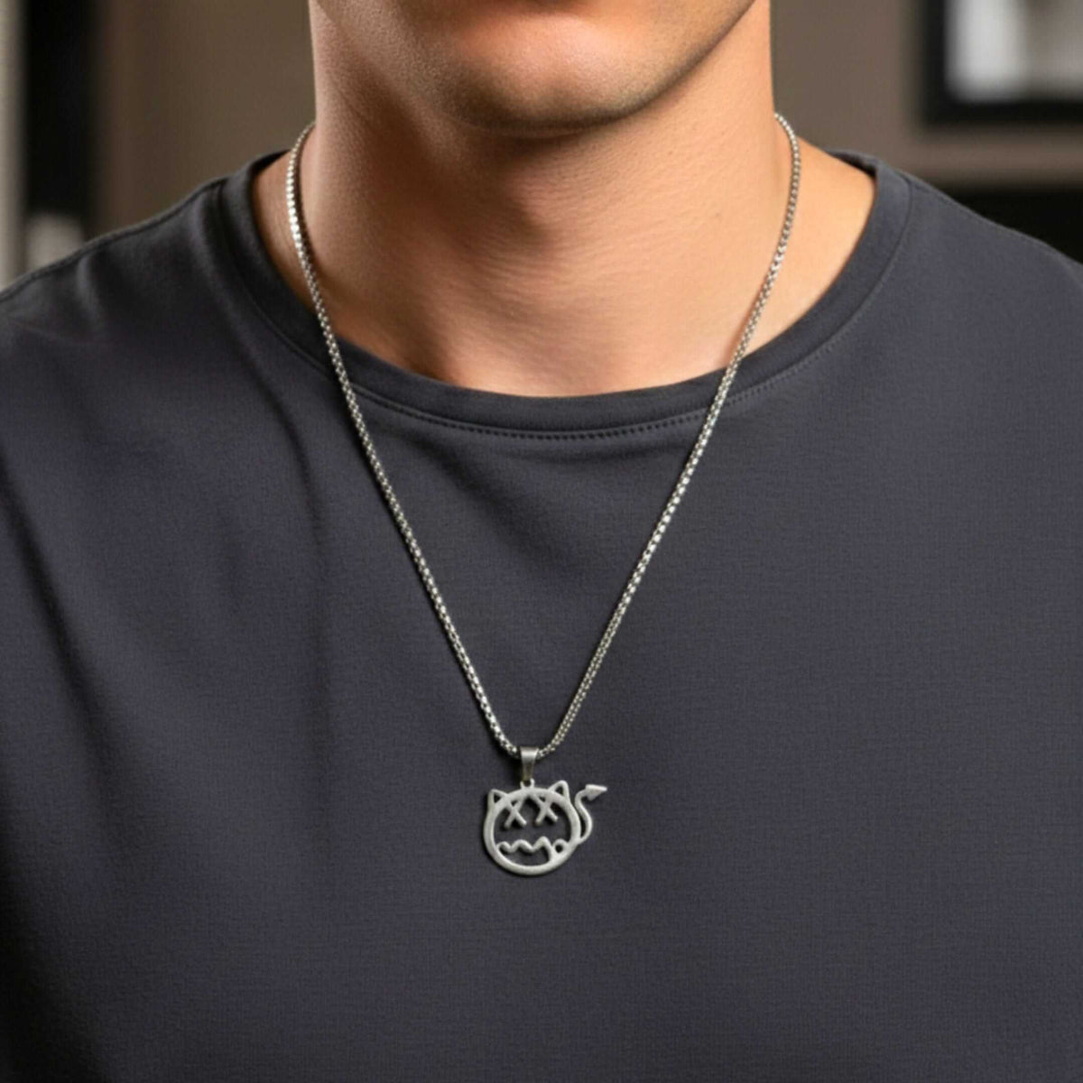 DEVIL CAT - 31mm Pure Titanium Steel Pendant with 28inch Round Box 4mm Chain for Men & Boys — SS Pendant/ Necklace for Men | THE MEN THING