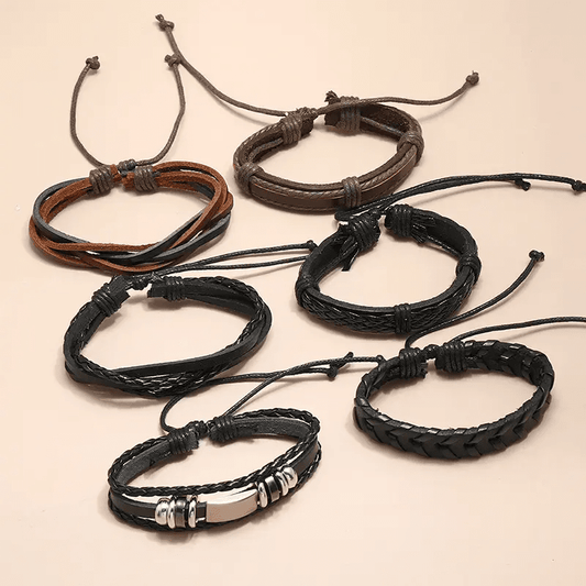 DRIFTWOOD WRAP - 6 Pcs Genuine Braided Leather Bracelet Set for Men & Boys (8 inch) - THE MEN THING