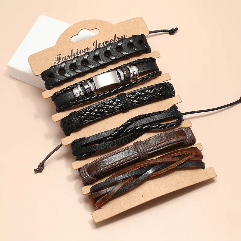 DRIFTWOOD WRAP - 6 Pcs Genuine Braided Leather Bracelet Set for Men & Boys (8 inch) — Leather Bracelet for Men | THE MEN THING