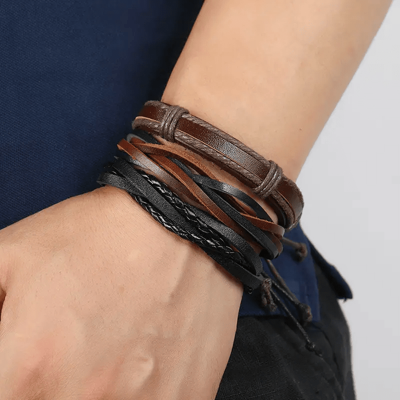 DRIFTWOOD WRAP - 6 Pcs Genuine Braided Leather Bracelet Set for Men & Boys (8 inch) — Leather Bracelet for Men | THE MEN THING