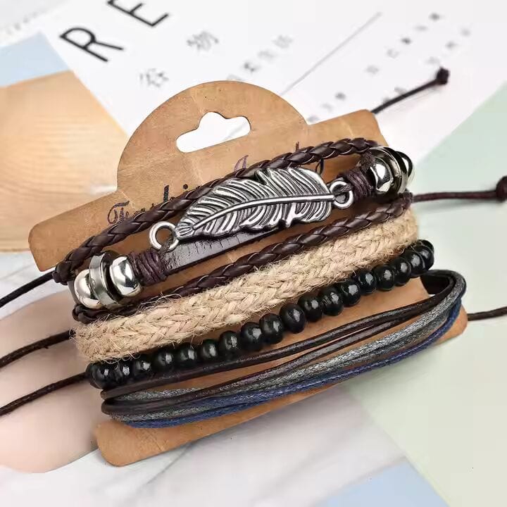 EAGLE FEATHER CUFF - 6 Pcs Genuine Braided Leather Bracelet Set for Men & Boys (8 inch) - THE MEN THING