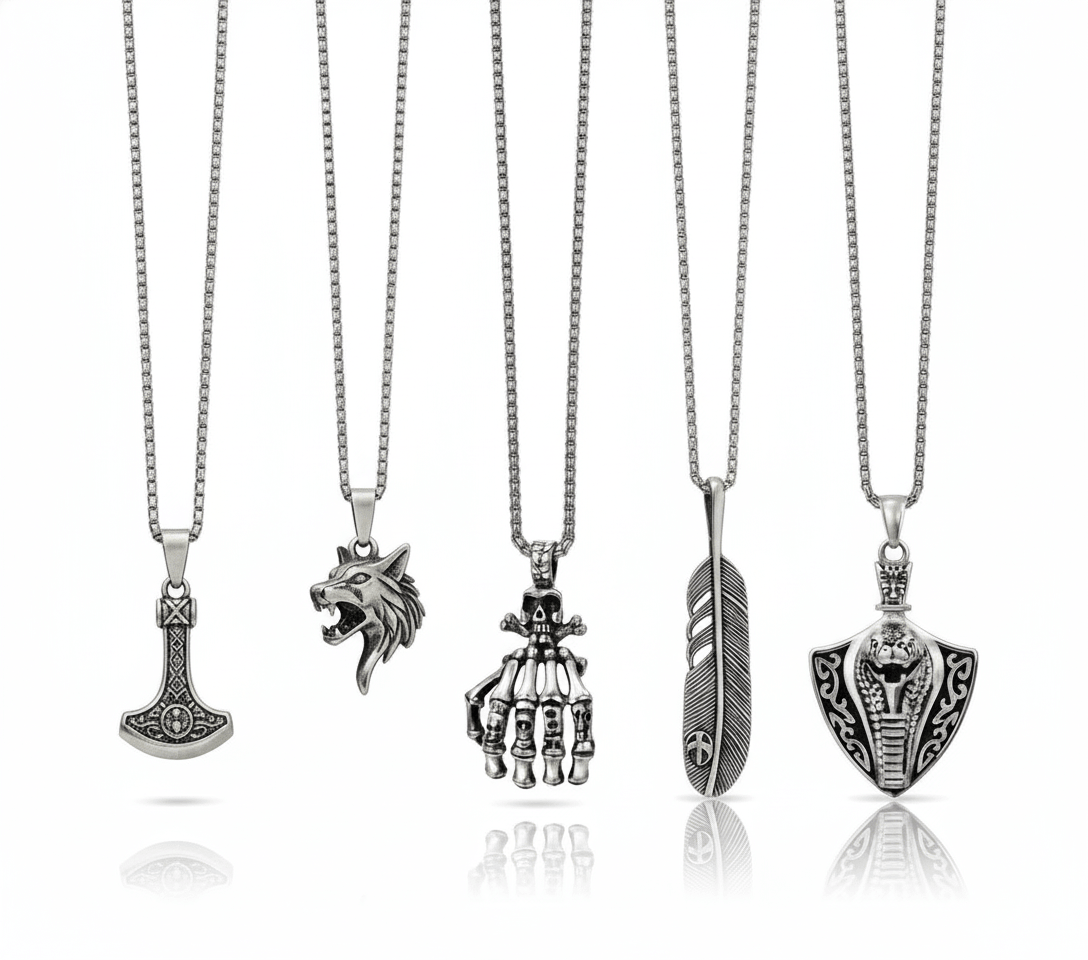 EDGE OF THE WILD 5-in-1 Men's Statement Pendant Set – VIKING BATTLE AXE, WATCHING WOLF, COBRA THE KING, LUSH, & SKELEHAND Necklaces on 24 Inch Stainless Steel Chain for Mens and Boys — Necklace for Men | THE MEN THING