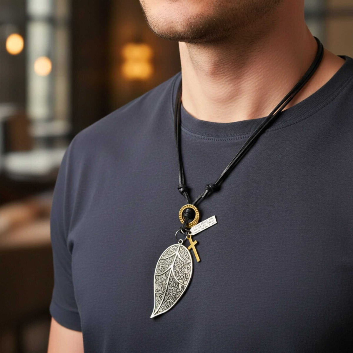 ETHEREAL LEAF – 2.5-Inch Pure Stainless Steel Pendant with Adjustable Leather Rope for Men & Boys — Leather Necklace for Men | THE MEN THING