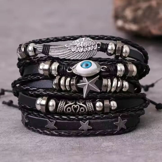 EVOKNIGHT - 5 Pcs Genuine Braided Leather Bracelet Set for Men & Boys (8 inch) - THE MEN THING