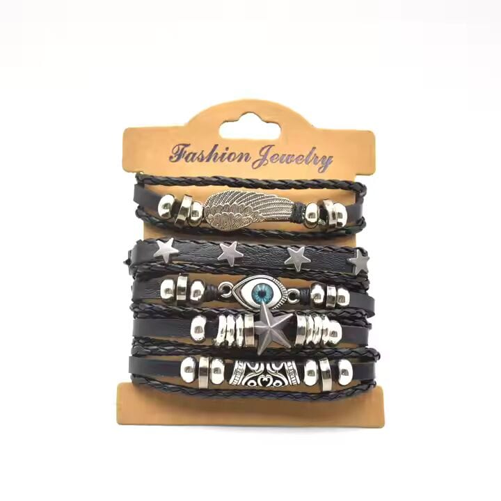 EVOKNIGHT - 5 Pcs Genuine Braided Leather Bracelet Set for Men & Boys (8 inch) - THE MEN THING