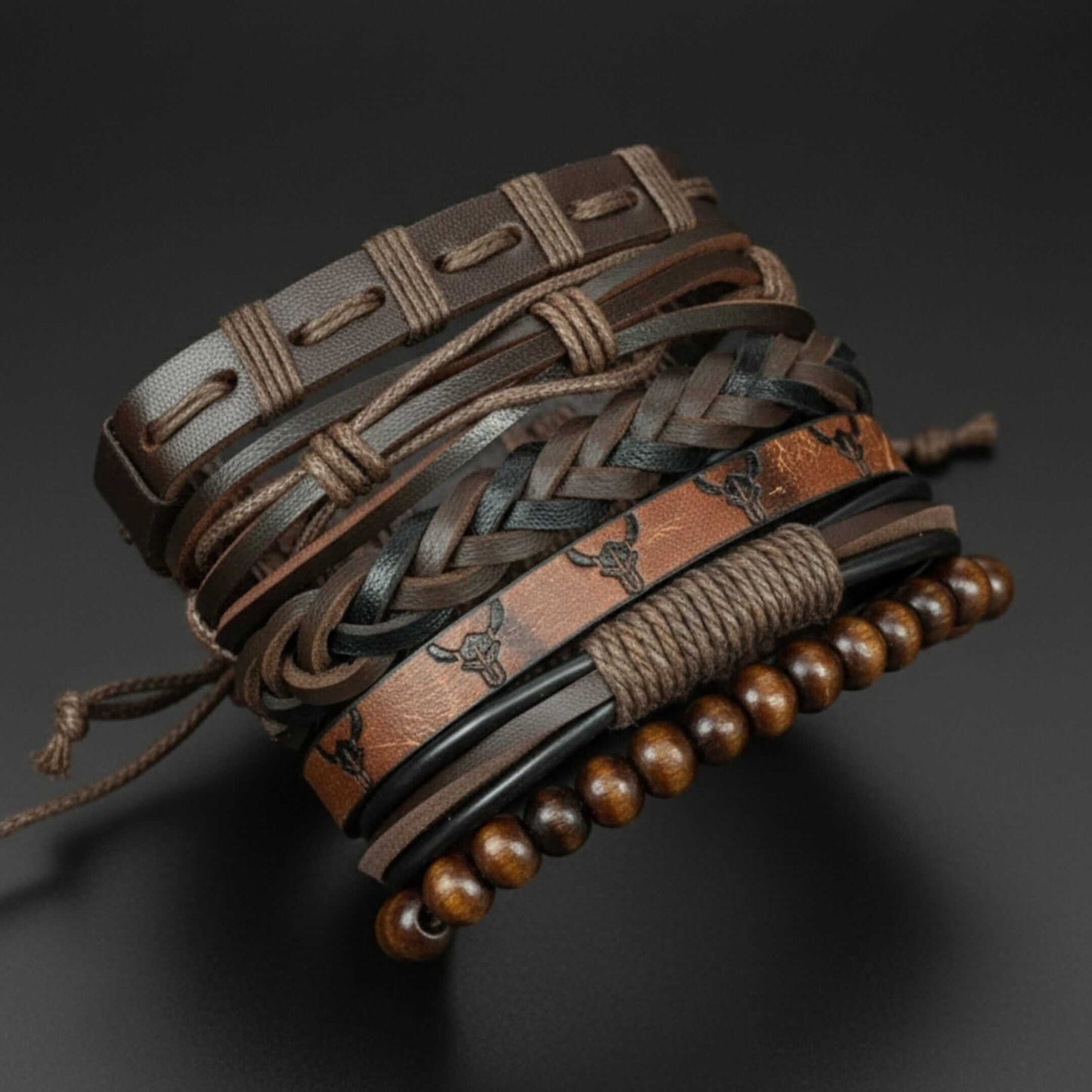 FRONTIER BULL - 6 Pcs Genuine Leather Adjustable Bracelet Set for Men & Boys (8 inch) — Leather Bracelet for Men | THE MEN THING