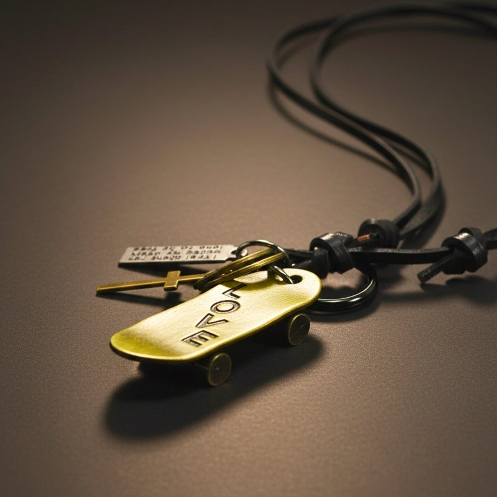 GOLDEN SKATE LOVE – 2-Inch Pure Stainless Steel Pendant with Adjustable Leather Rope for Men & Boys - THE MEN THING