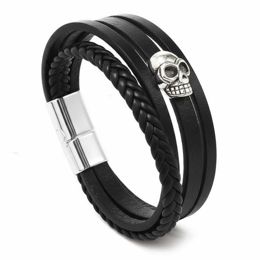 GRIM REAPER - Black 25mm Genuine Leather Multi-Layer Braided Bracelet with Stainless Steel Magnetic Buckle for Men & Boys (8 inch) — Leather Bracelet for Men | THE MEN THING