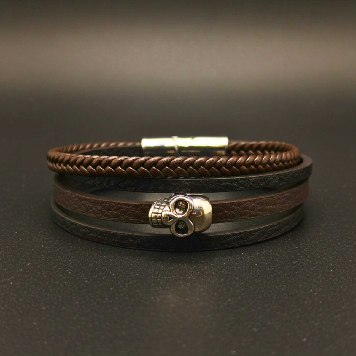 GRIM REAPER - Dark Brown 20mm Genuine Leather Multi-Layer Braided Bracelet with Stainless Steel Magnetic Buckle for Men & Boys (8inch) — Leather Bracelet for Men | THE MEN THING