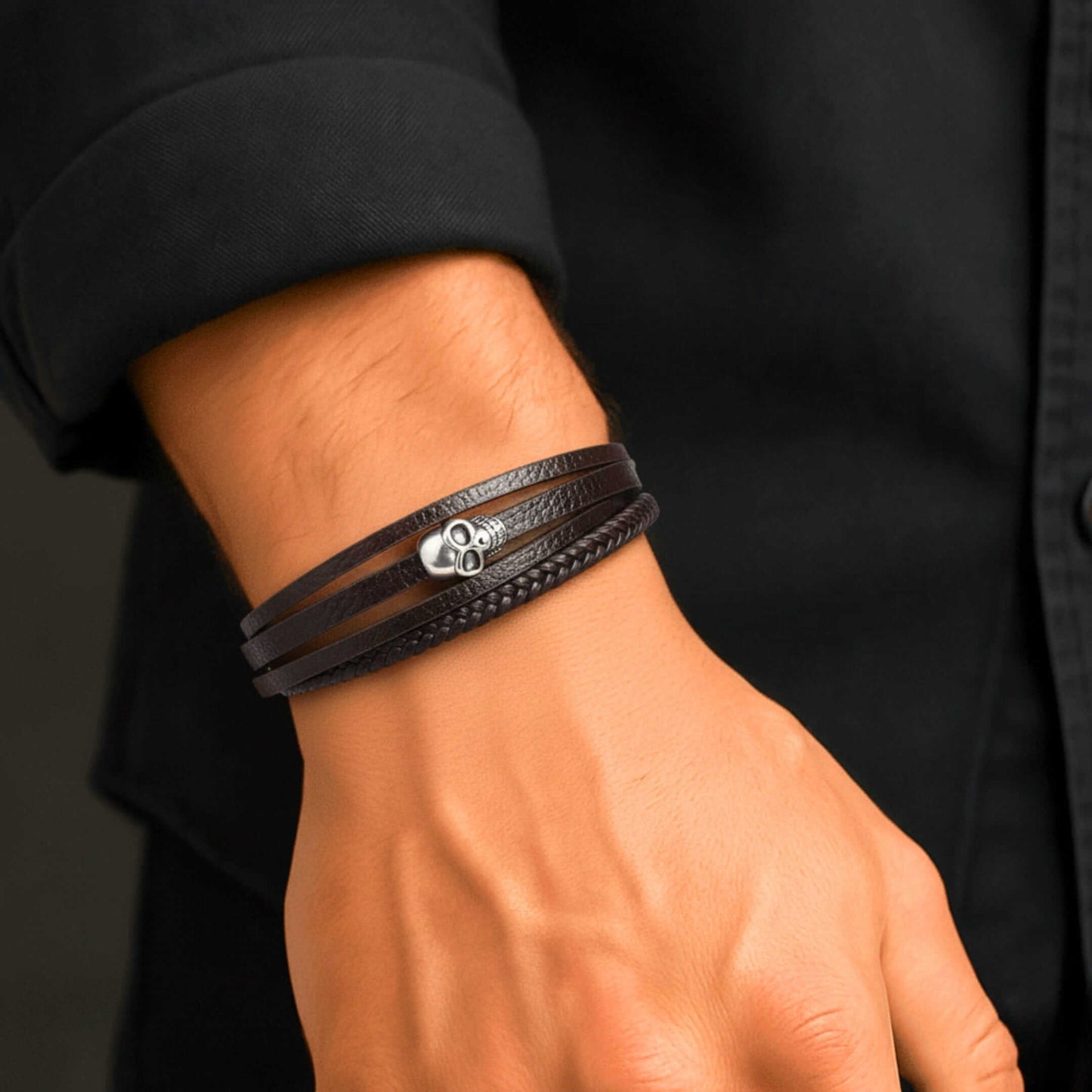 GRIM REAPER - Dark Brown 20mm Genuine Leather Multi-Layer Braided Bracelet with Stainless Steel Magnetic Buckle for Men & Boys (8inch) — Leather Bracelet for Men | THE MEN THING