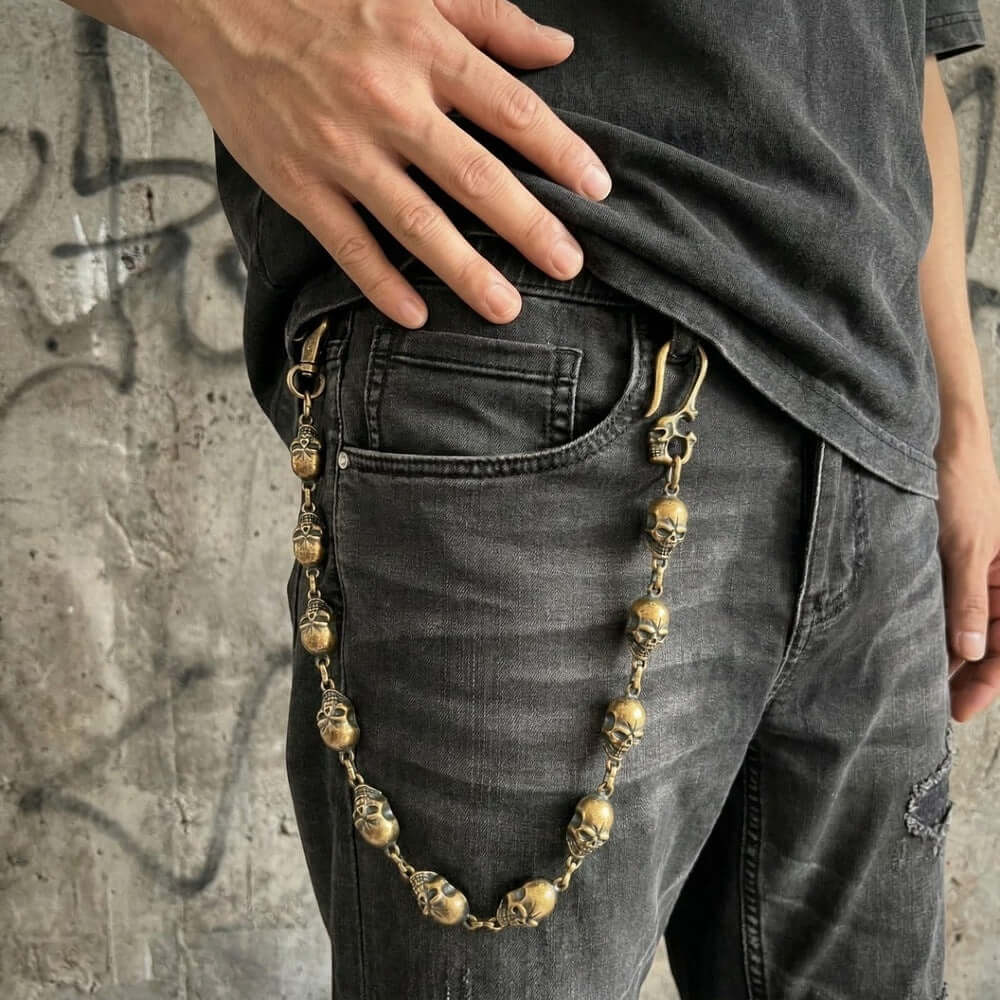 GRIMEX SKULL - Antique Gold 18mm Titanium Steel Skull Heavy Biker Chain for Jeans with Lobster Clasps for Men & Boys - 22 inch — Biker Fashion for Men | THE MEN THING