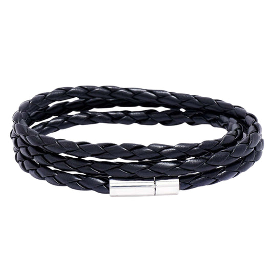 GRIMOAK TWIST - Black 5mm Genuine Leather Bracelet with Stainless Steel Magnetic Barrel Push Clasp for Men & Boys (24 inch) - THE MEN THING