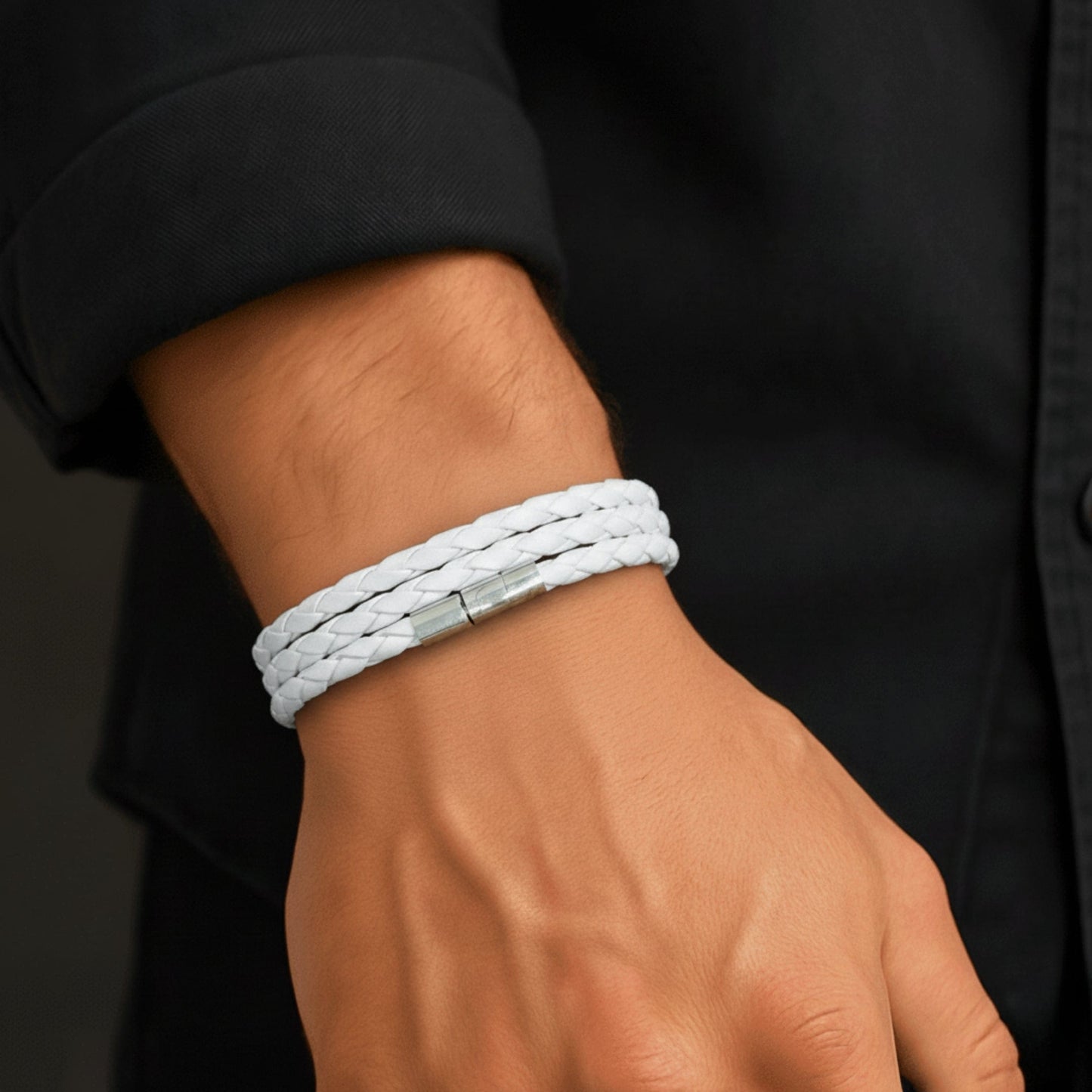 GRIMOAK TWIST - White 5mm Genuine Leather Bracelet with Stainless Steel Magnetic Barrel Push Clasp for Men & Boys (24 inch) - THE MEN THING