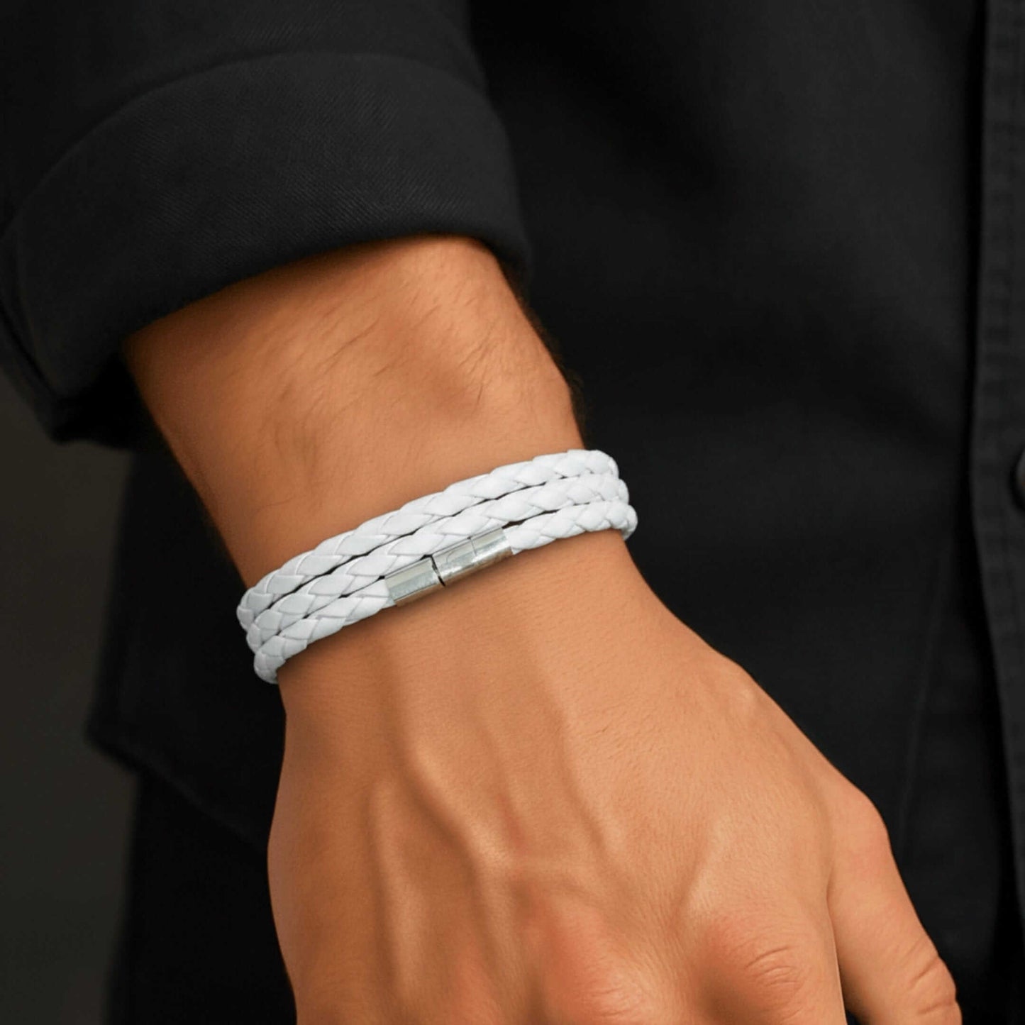 GRIMOAK TWIST - White 5mm Genuine Leather Bracelet with Stainless Steel Magnetic Barrel Push Clasp for Men & Boys (24 inch) — Leather Bracelet for Men | THE MEN THING