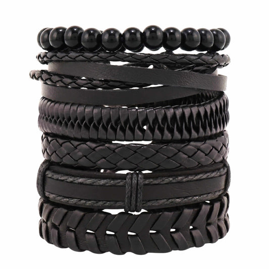 GRIT WEAVE BLACK - 6 Pcs Genuine Leather Adjustable Bracelet for Men & Boys — Leather Bracelet for Men | THE MEN THING