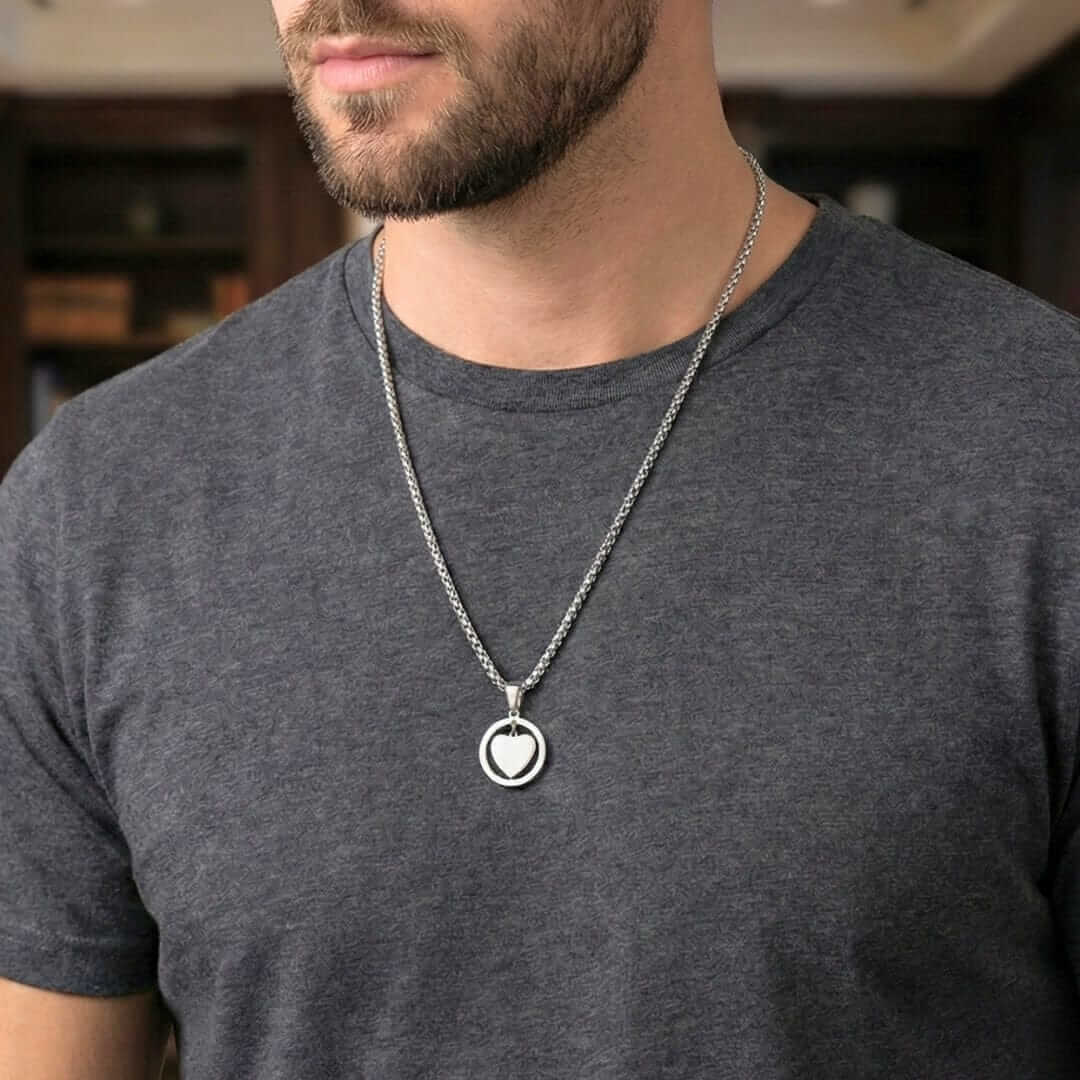 ENGRAVED - HEART IN CIRCLE - Titanium Steel Pendant with 23inch Round Box Chain for Men & Boys — SS Pendant/ Necklace for Men | THE MEN THING