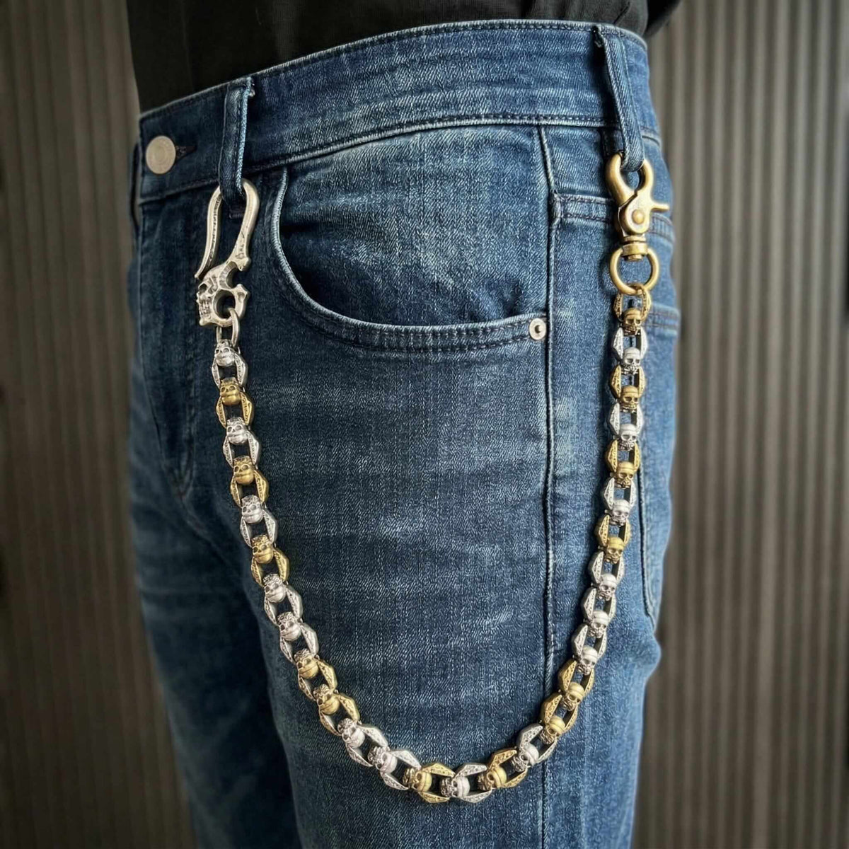 HELLBONE LINK - Antique Steel Gold 14mm Titanium Steel Skull Heavy Biker Chain for Jeans with Lobster Clasps for Men & Boys - 20 inch — Biker Fashion for Men | THE MEN THING