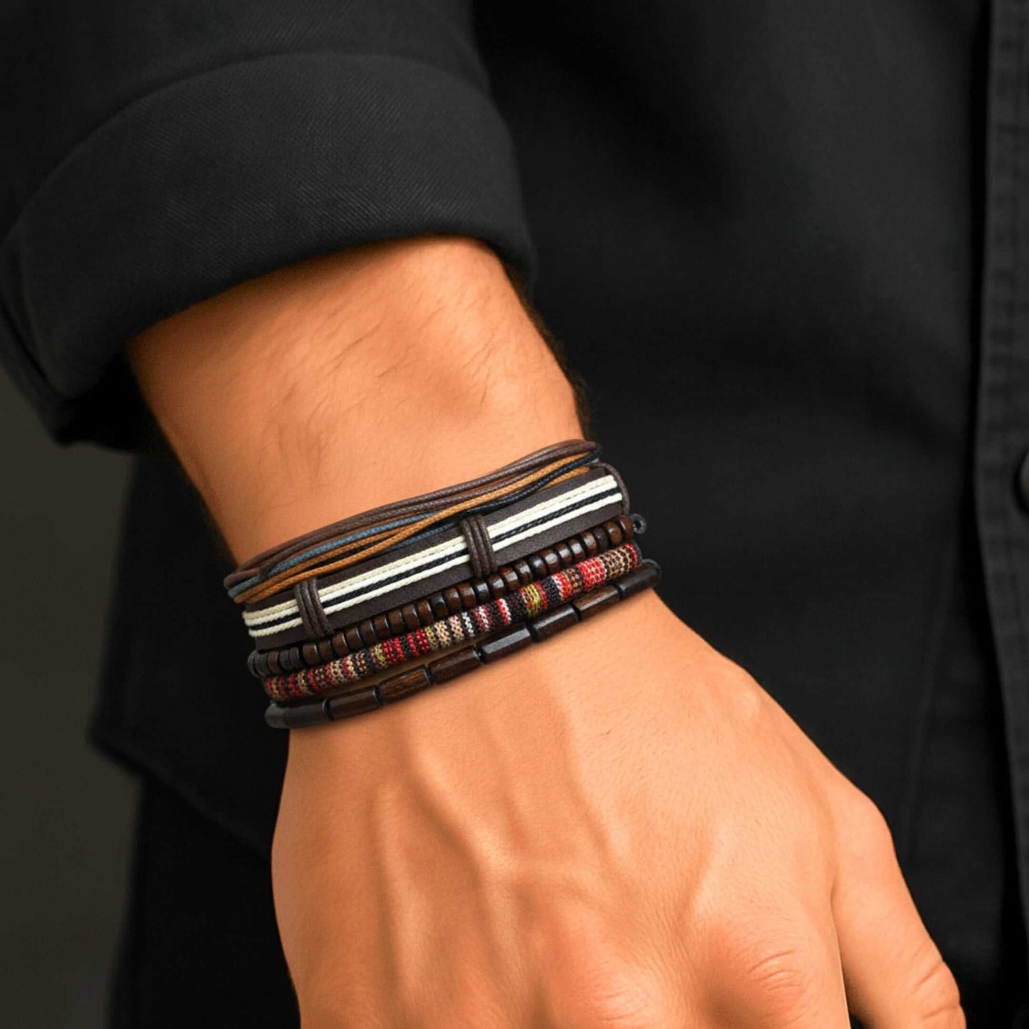 HERITAGE NOMAD - 5 Pcs Genuine Leather Adjustable Bracelet Set for Men & Boys (8 inch) — Leather Bracelet for Men | THE MEN THING
