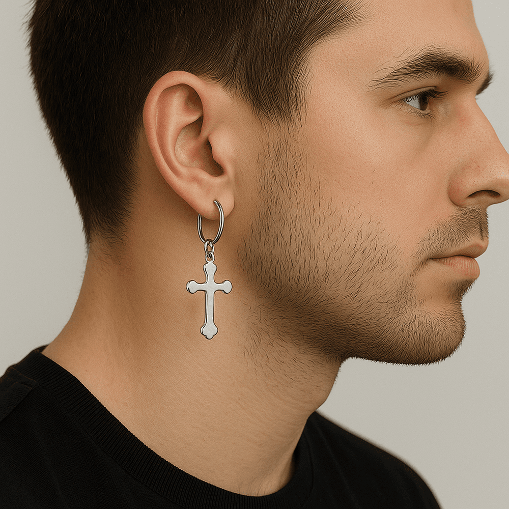 HEXED CRUCIFIX SILVER - Pure Titanium Steel Hoop Earrings for Men & Boys (2pcs) — Earring for Men | THE MEN THING
