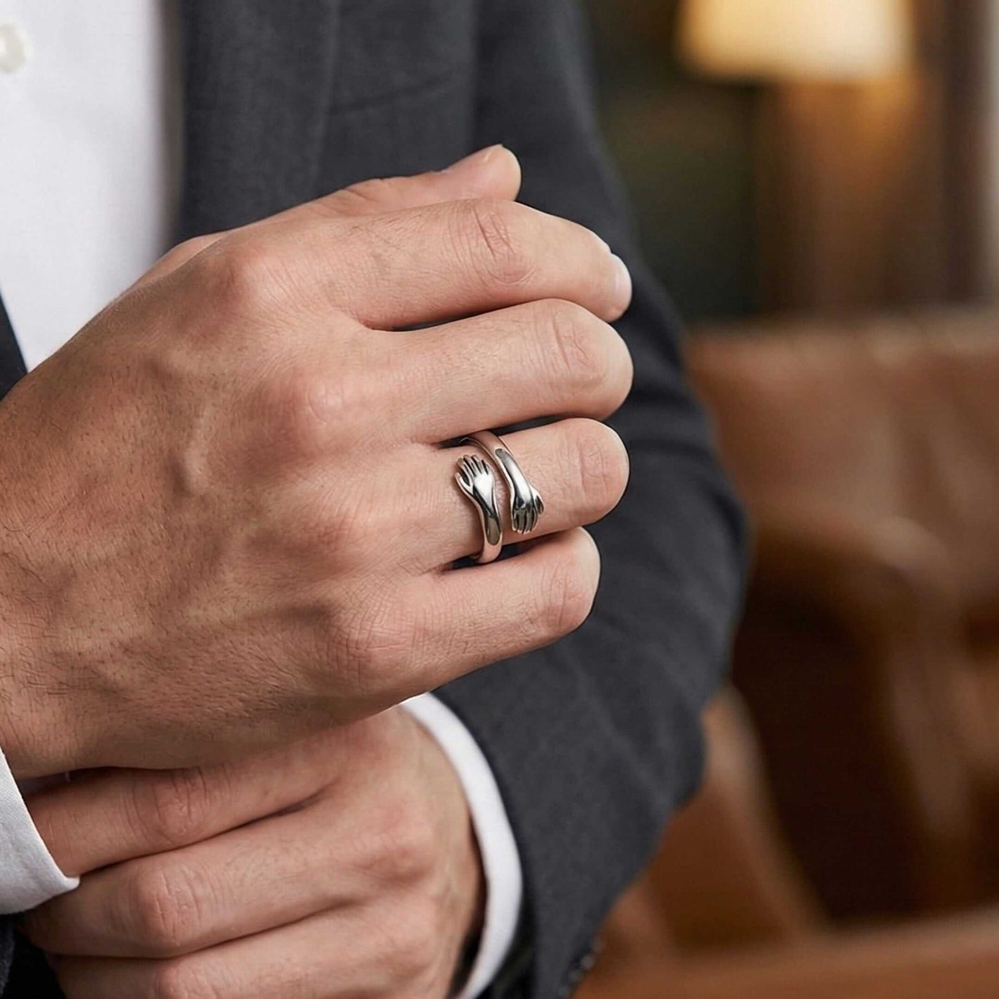 HUG HANDS - Pure Stainless Steel Men’s Steel-Plated Adjustable Ring — Rings for Men | THE MEN THING