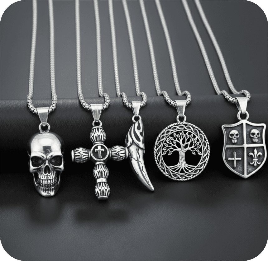 High Stakes 5-Piece Collector's Pendant Set – JOKER DECK, ALLMIGHTY CROSS, SKULLBIG, VICTORY TOOTH, & TREE OF LIFE Necklaces on 24 Inch Stainless Steel Chain for Mens and Boys — Necklace for Men | THE MEN THING