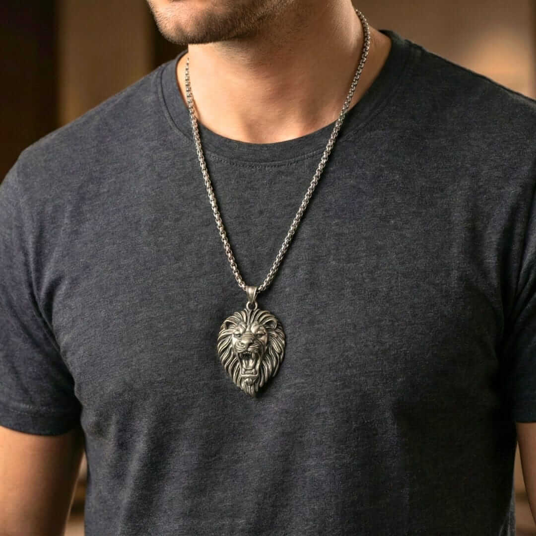 IMPERIAL LION KING - 40mm Titanium Steel Pendant with 24inch Round Box 5mm Chain for Men & Boys — SS Pendant/ Necklace for Men | THE MEN THING