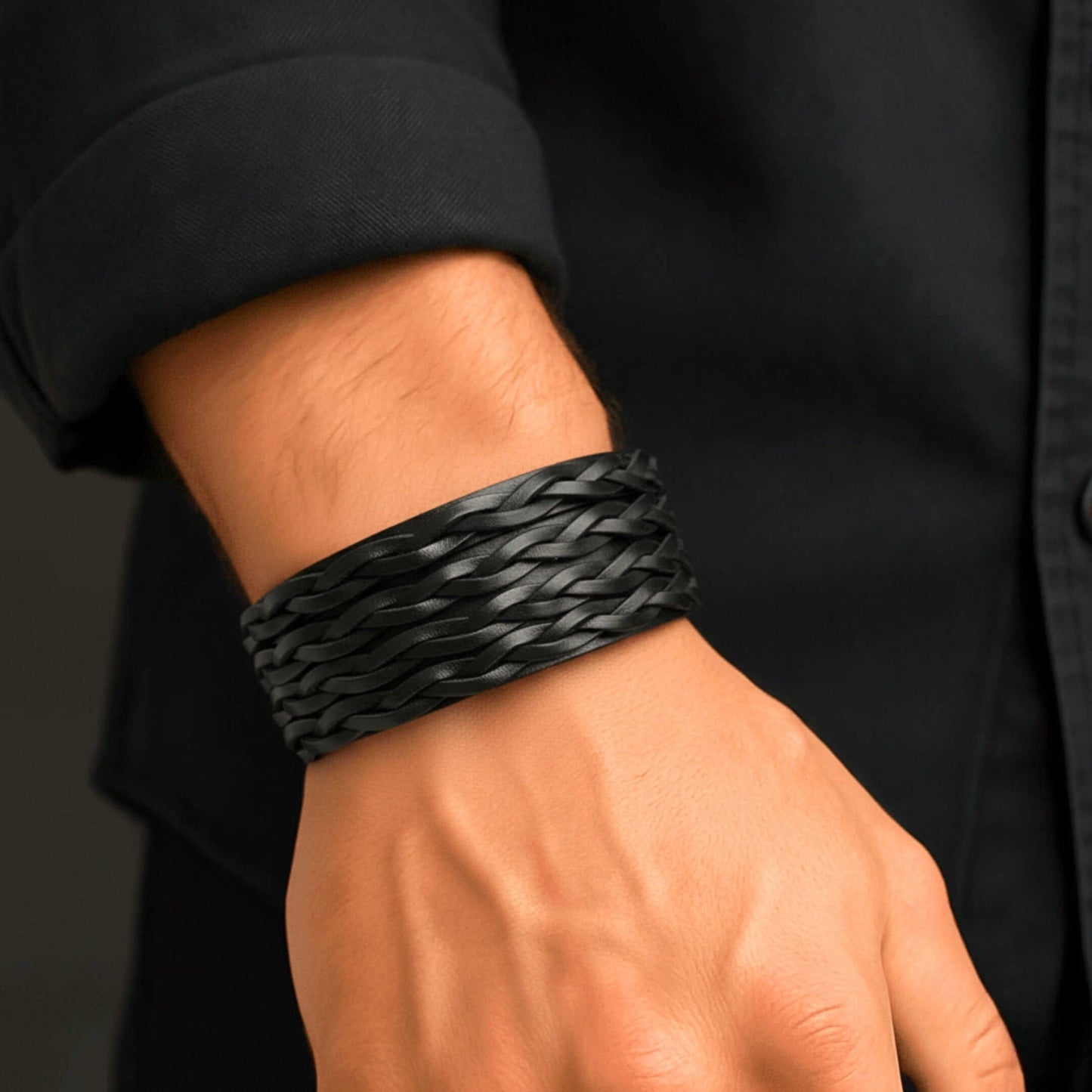 INFERNO TWIST - 50.5mm Black Genuine Leather Adjustable Bracelet for Men & Boys (9 inch) — Leather Bracelet for Men | THE MEN THING