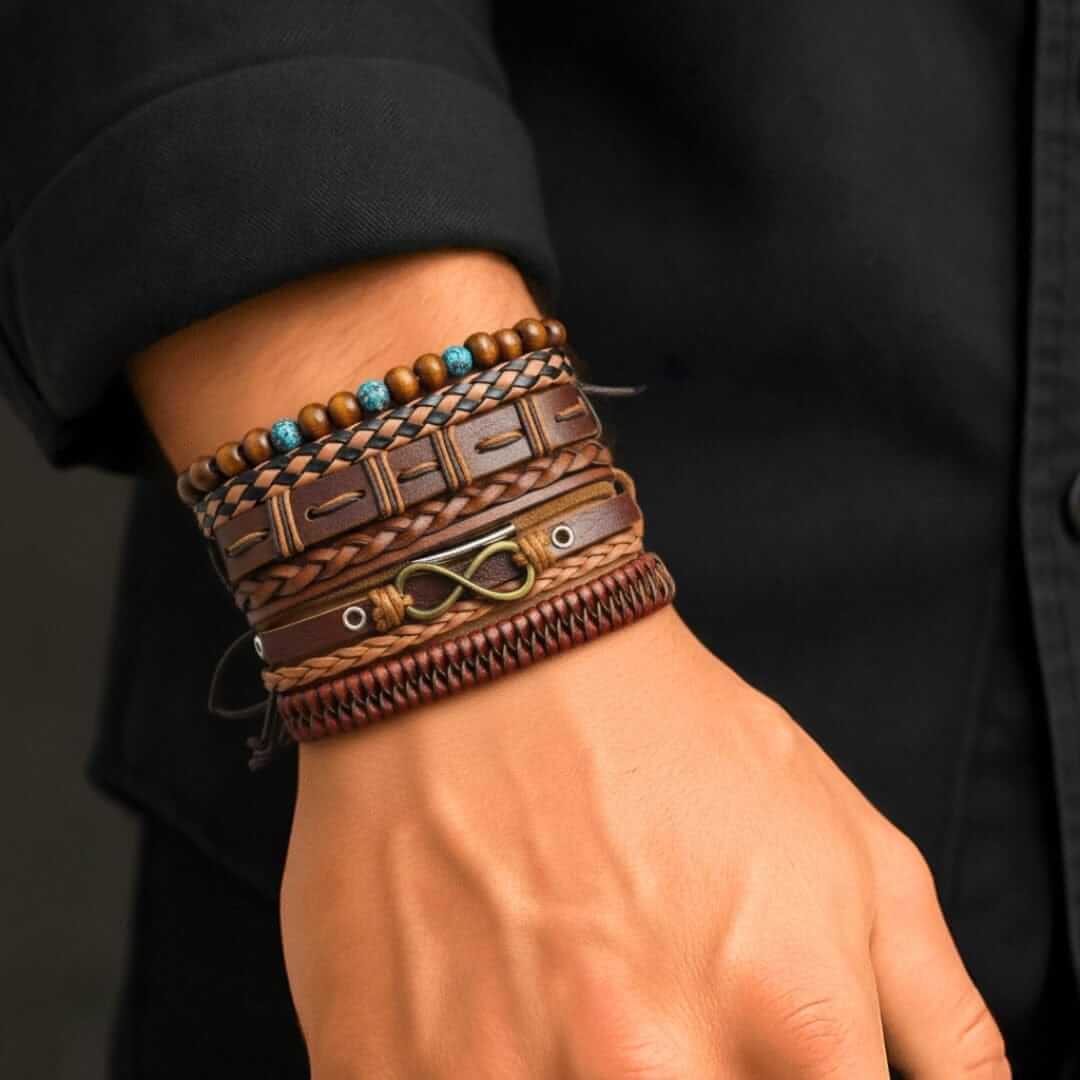 INFINITY EARTH - 6 Pcs Genuine Leather Adjustable Bracelet Set for Men & Boys (8 inch) — Leather Bracelet for Men | THE MEN THING