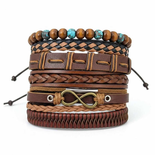 INFINITY EARTH - 6 Pcs Genuine Leather Adjustable Bracelet Set for Men & Boys (8 inch) — Leather Bracelet for Men | THE MEN THING