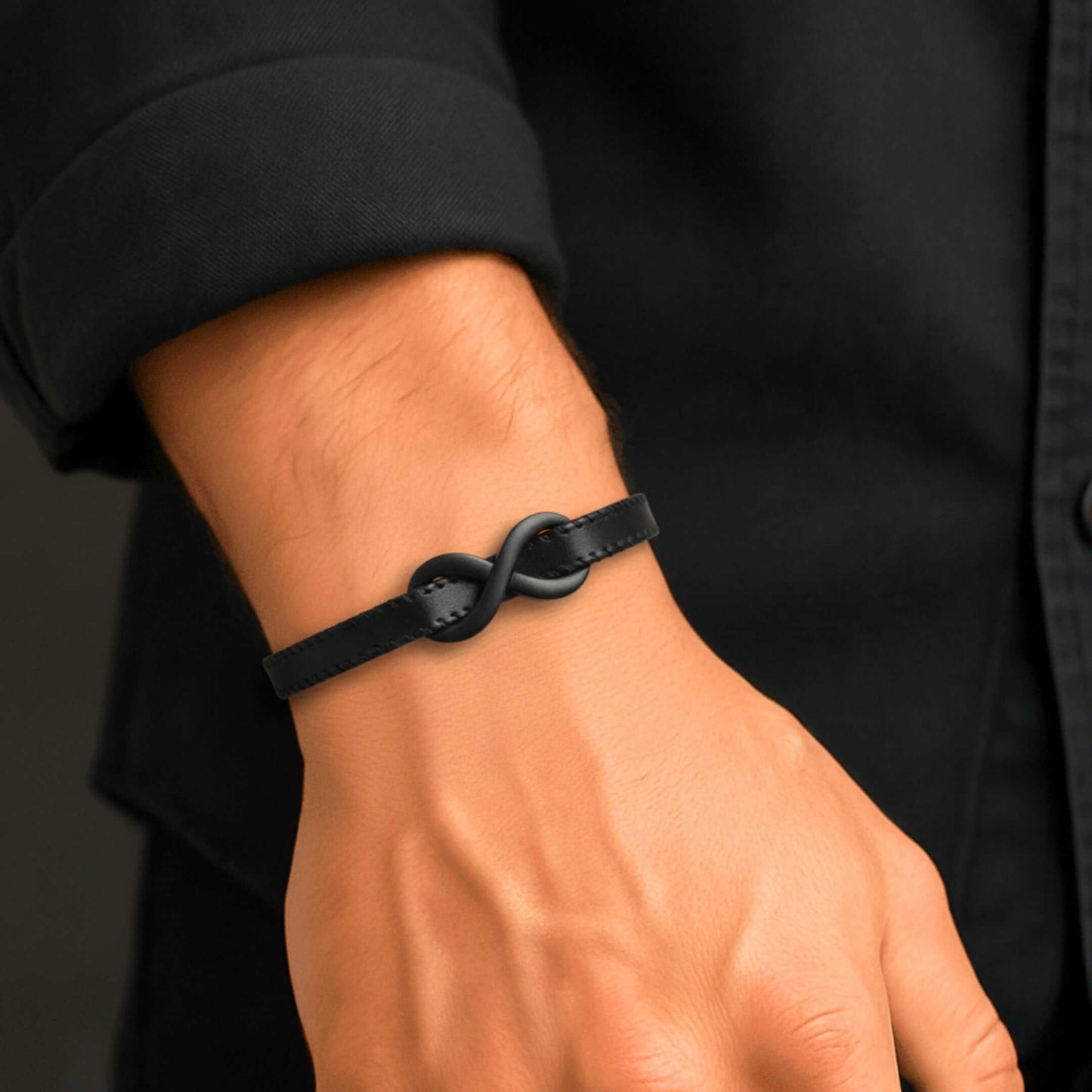 INFINITY NOIR - Black 10mm Genuine Leather Bracelet with Stainless Steel Fold-Over Push Clasp for Men & Boys (8 inch) — Leather Bracelet for Men | THE MEN THING