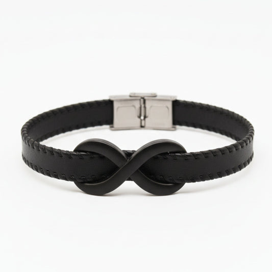 INFINITY NOIR - Black 10mm Genuine Leather Bracelet with Stainless Steel Fold-Over Push Clasp for Men & Boys (8 inch) - THE MEN THING