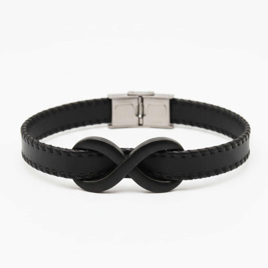 INFINITY NOIR - Black 10mm Genuine Leather Bracelet with Stainless Steel Fold-Over Push Clasp for Men & Boys (8 inch) — Leather Bracelet for Men | THE MEN THING