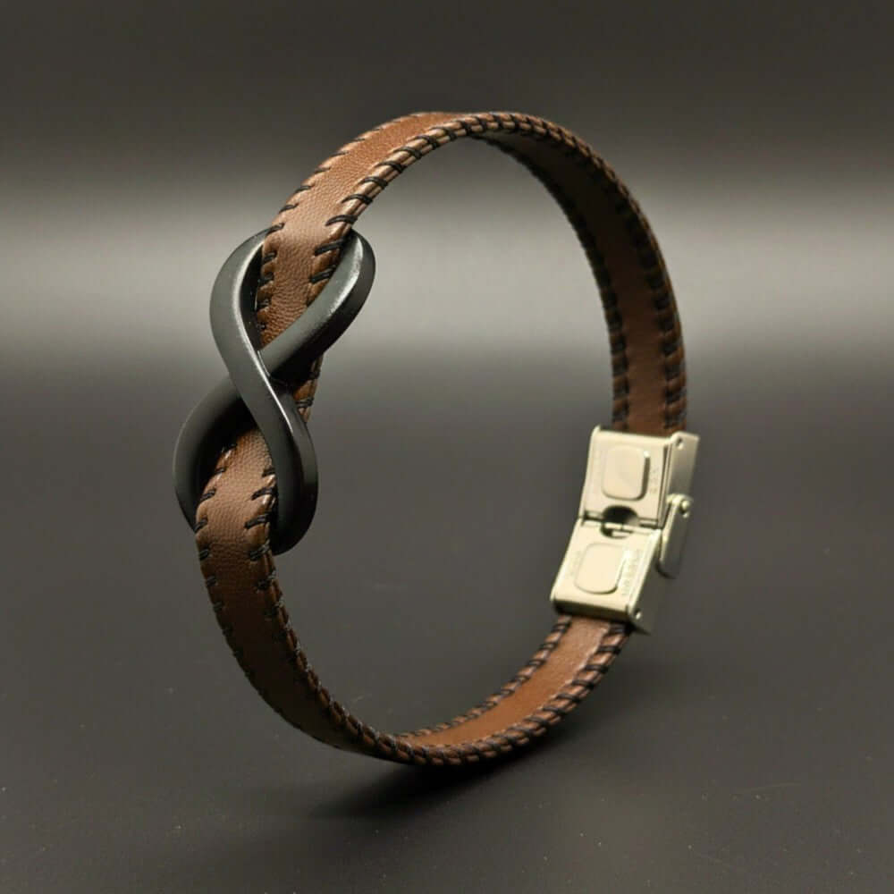 INFINITY NOIR - Dark Brown 10mm Genuine Leather Bracelet with Stainless Steel Fold-Over Push Clasp for Men & Boys (8 inch) — Leather Bracelet for Men | THE MEN THING