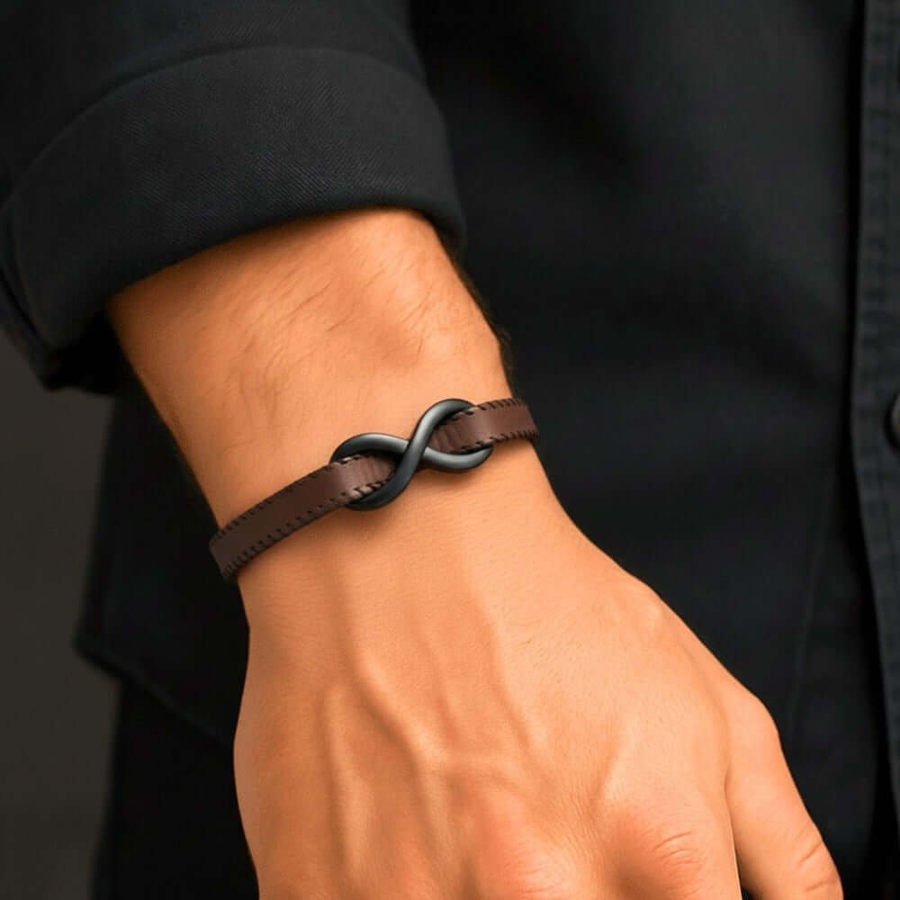 INFINITY NOIR - Dark Brown 10mm Genuine Leather Bracelet with Stainless Steel Fold-Over Push Clasp for Men & Boys (8 inch) — Leather Bracelet for Men | THE MEN THING