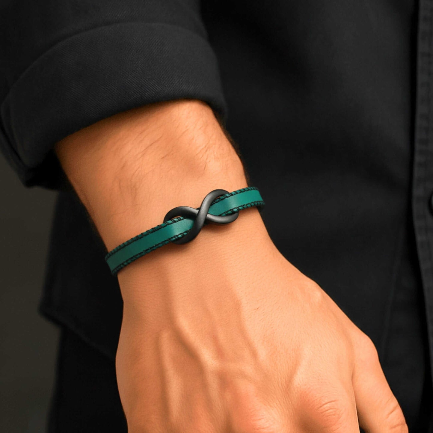 INFINITY NOIR - Teal Green 10mm Genuine Leather Bracelet with Stainless Steel Fold-Over Push Clasp for Men & Boys (8 inch) — Leather Bracelet for Men | THE MEN THING