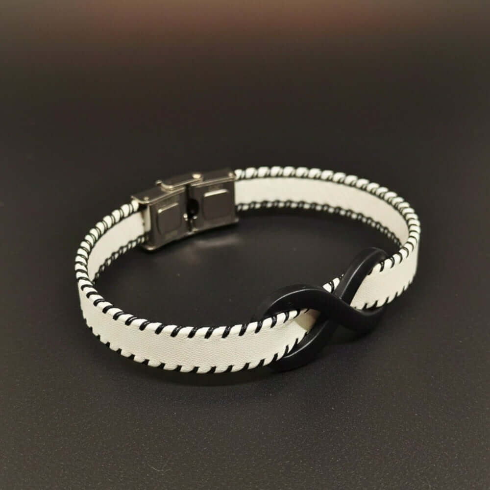 INFINITY NOIR - White 10mm Genuine Leather Bracelet with Stainless Steel Fold-Over Push Clasp for Men & Boys (8 inch) — Leather Bracelet for Men | THE MEN THING