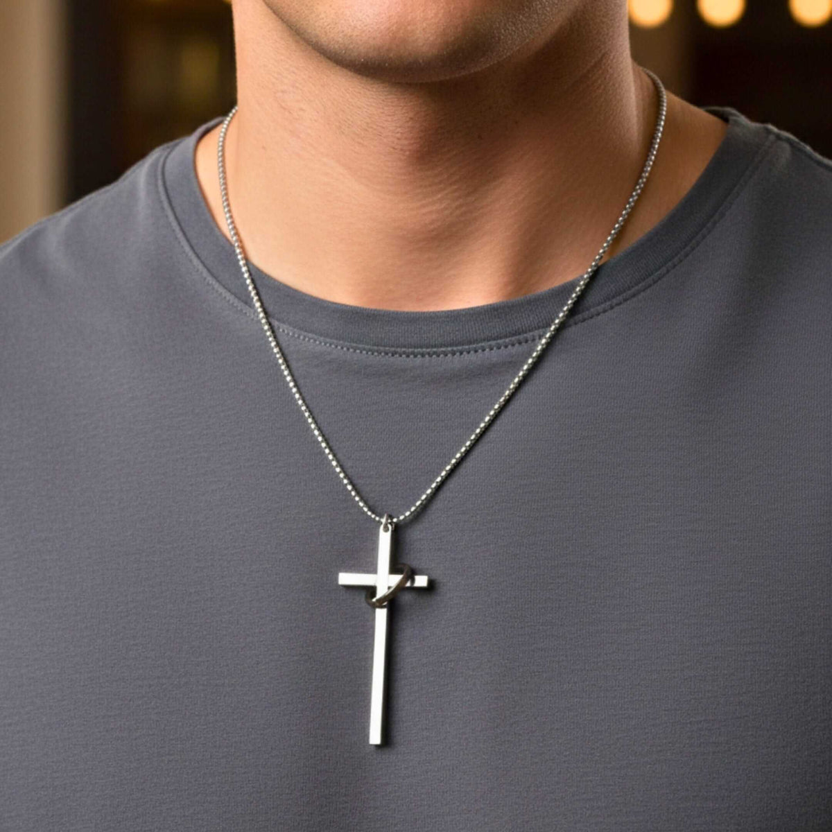 INTERLOCK RING CROSS - 29mm Pure Titanium Steel Pendant with 27inch Round Box 4mm Chain for Men & Boys — SS Pendant/ Necklace for Men | THE MEN THING