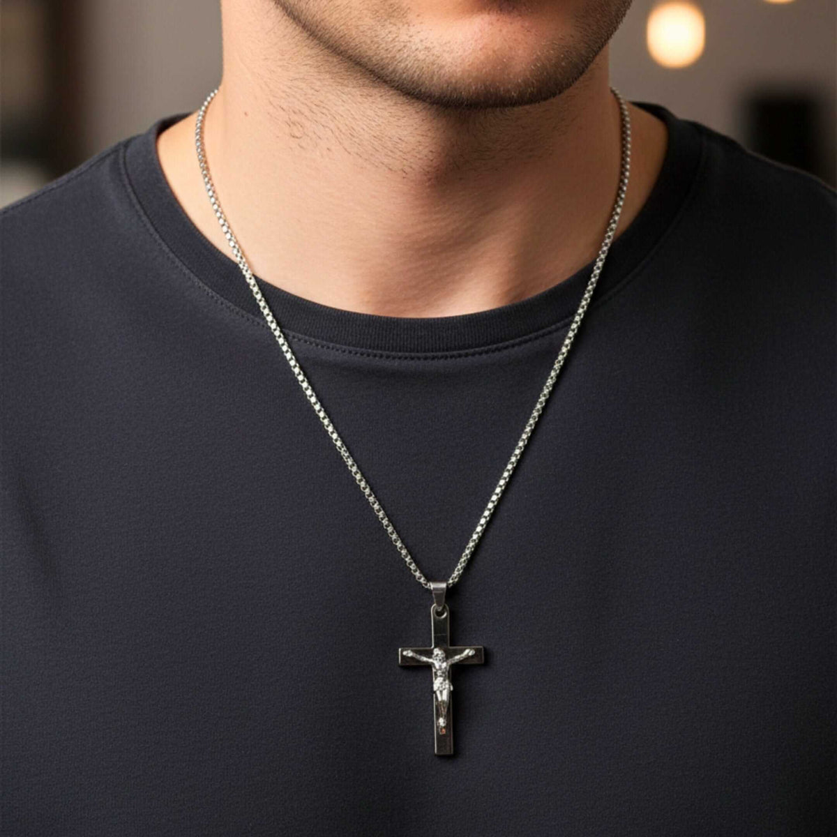 JESUS CHRIST CROSS - 27mm Pure Titanium Steel Pendant with 27inch Round Box 4mm Chain for Men & Boys — SS Pendant/ Necklace for Men | THE MEN THING