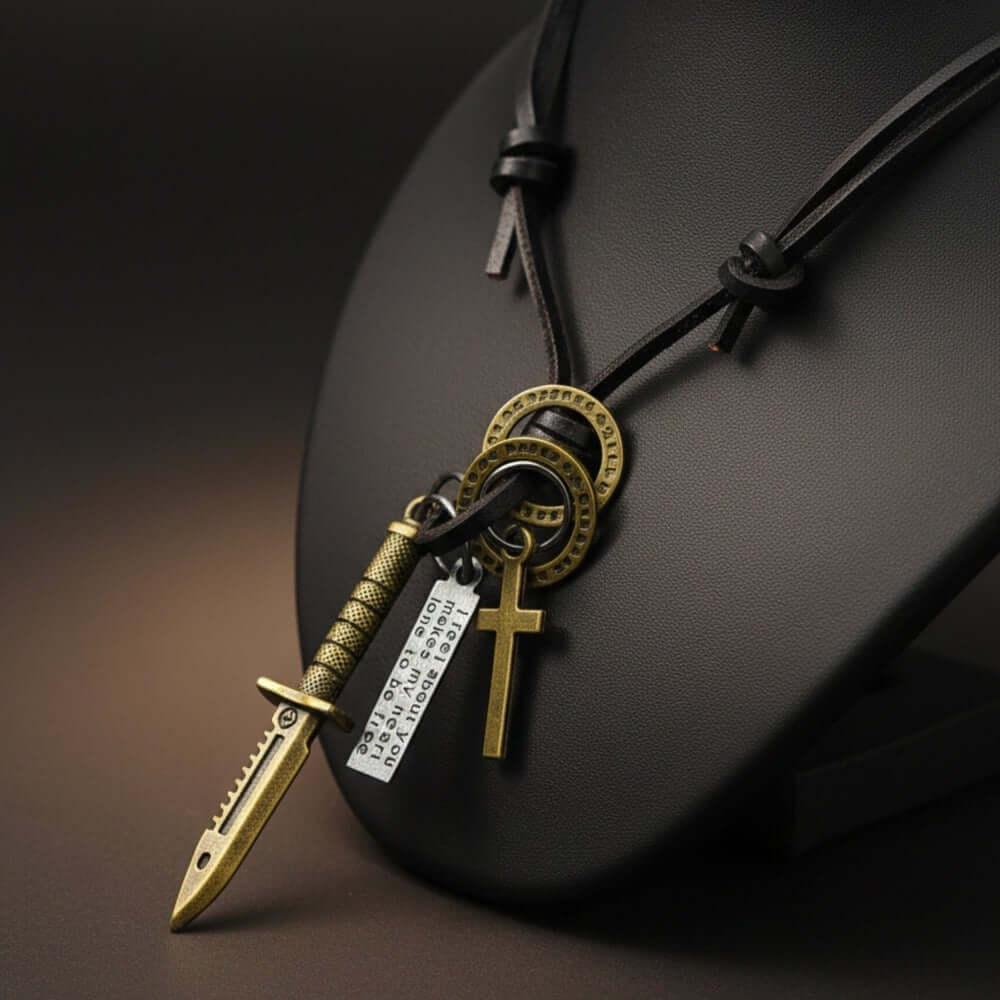 KNIGHT GOLDEN SWORD – 2.5-Inch Pure Stainless Steel Pendant with Adjustable Leather Rope for Men & Boys — Leather Necklace for Men | THE MEN THING